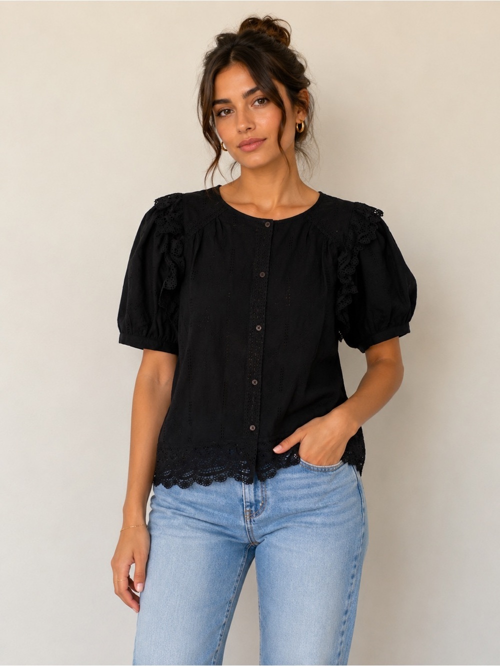 Zara Black Eyelet Lace Puff Sleeve Blouse Size XS NWT